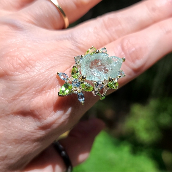 ✨️HOST PICK! RARE Leaf cut Aquamarine 22k Peridot & Topaz finger cuff sz8.25✨️ - Picture 7 of 11